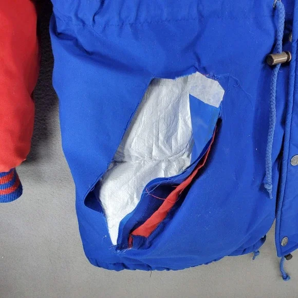 FLAWS** Vintage 90s Buffalo Bills NFL Jacket XL Parka Triple FAT‎ Goose Blue Red